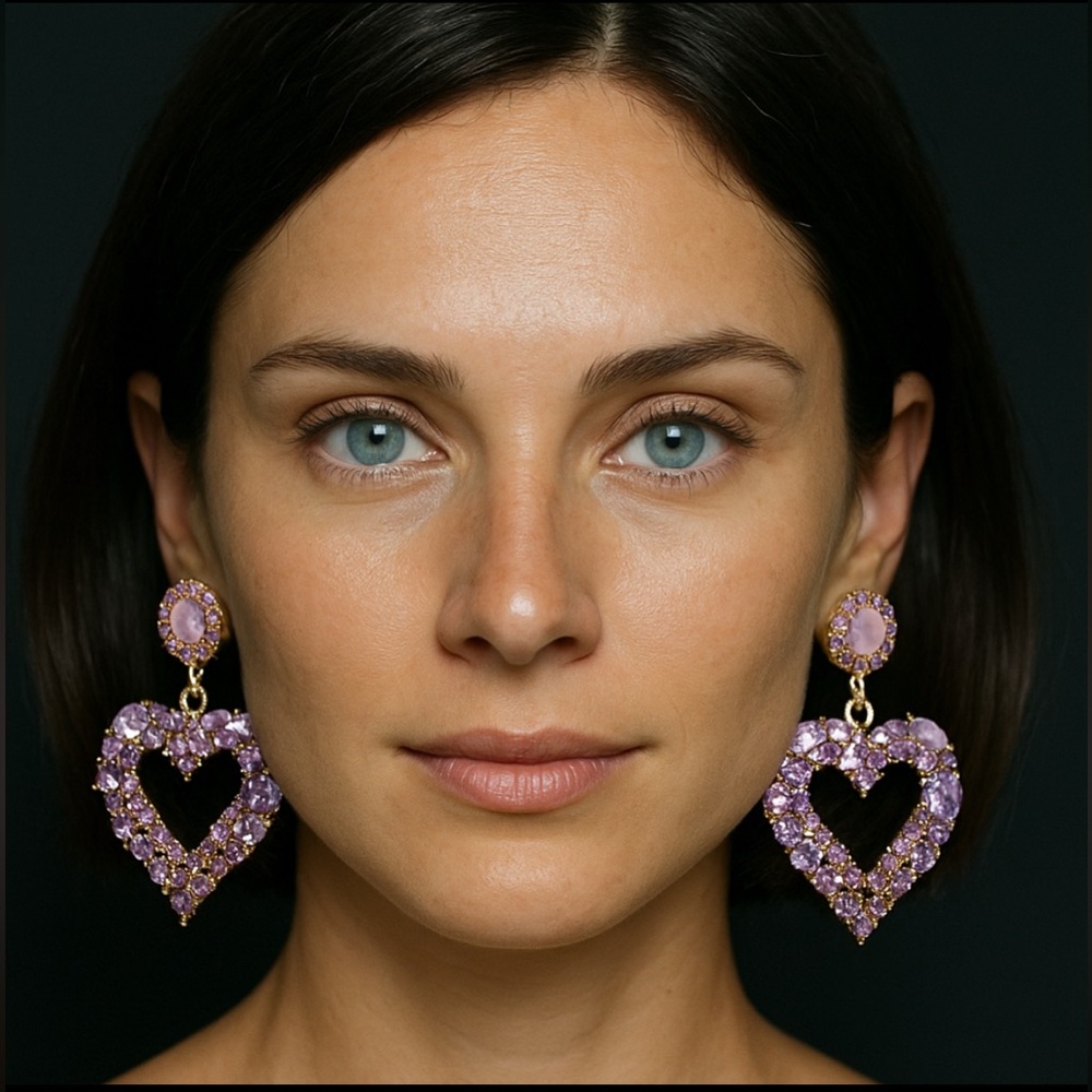 Lavender Crystal Heart Drop Statement Earrings - image 1